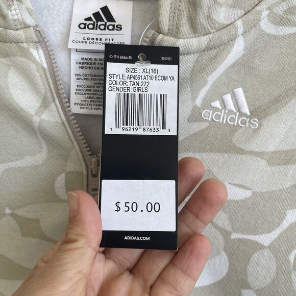 Adidas Girls Beige Camo Zip Up Hoodie Sweatshirt 3 Striped Size XL (16) - Picture 3 of 8